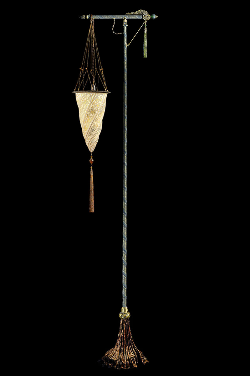 Lámpara de pie Fortuny Cesendello de cristal dorado con soporte verde