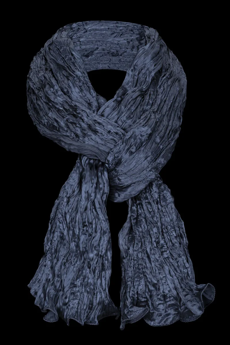 Fortuny crinkled crepe satin navy blue silk scarf