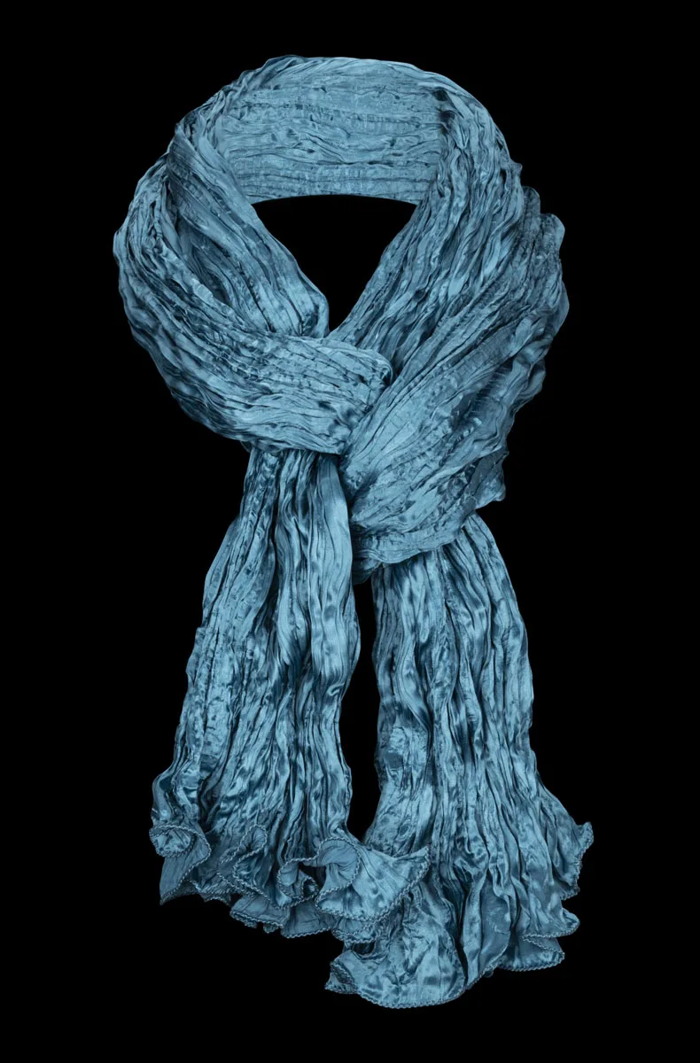 Fortuny crinkled crepe satin peacock blue silk scarf