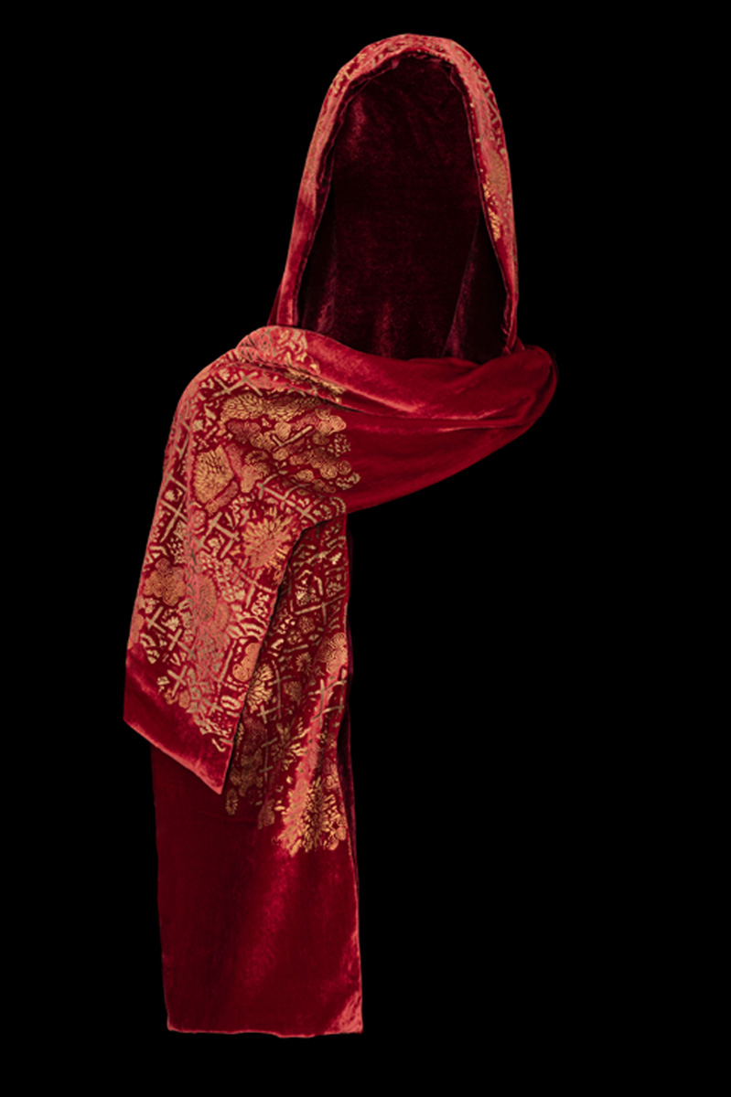 Fortuny Printed Velvet hooded Shawl Ruby