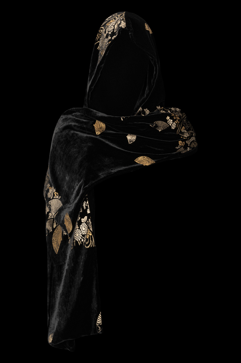 Fortuny Printed Velvet hooded Shawl Black & Gold